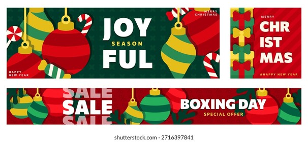 Navidades y Anuncios de Vector del año Nuevo 2026, juego de tarjetas con ilustraciones planas: caja de regalo del día de boxeo, chucherías de Navidad, bastones de caramelo. Varios carteles para saludos de vacaciones, diseños de ventas, redes sociales, impresión
