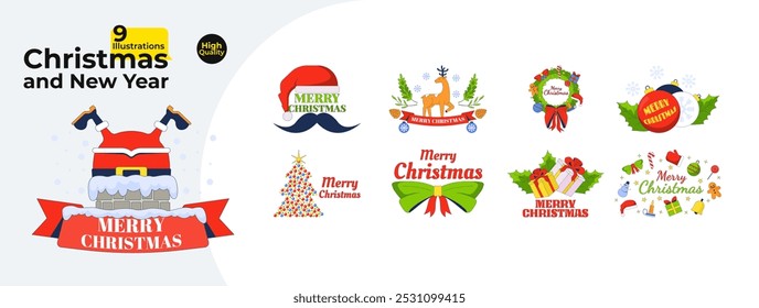 Christmas and New Year 2D illustrations concepts pack. Merry Xmas happy holidays. December Santa gifts cartoon greetings isolated on white. Wintertime magic metaphors flat vector collection