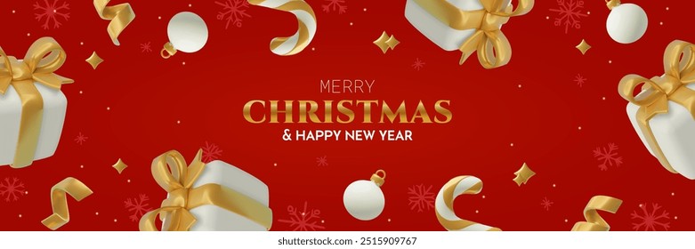 Christmas and New Year 3d banner with luxury golden gift boxes, candy canes, ornaments and stars. Realistic three dimensional vector holiday objects layout on red background. 