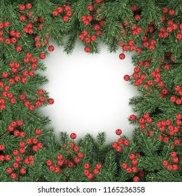 Christmas and New Year 3d frame of realistic branches of Christmas tree and holly berries Element for festive design isolated on white background Vector illustration