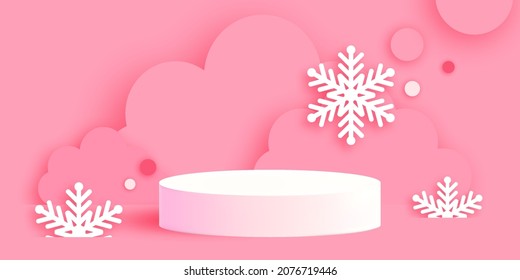 Christmas and New Year 3D Podium scene or pedestal on pastel background with minimal geometric clouds, snowflakes shapes paper cut craft studio for display product mockup design. Pink