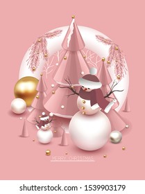 Christmas and New Year 3D shiny Xmas tree with 3d golden ball snowflakes background greeting card template