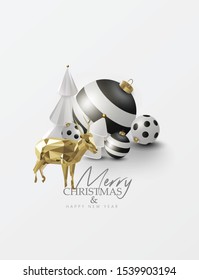 Christmas and New Year 3D shiny Xmas tree with 3d golden ball snowflakes background greeting card template