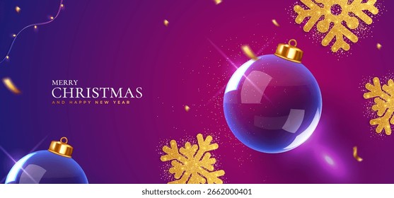 Navidades y fondo de Vector 3D de Nuevo año con adornos de vidrio transparente, copos de nieve metálicos dorados y confeti. Diseño de vista superior sobre fondo púrpura claro. Perfecto para Anuncios de vacaciones y temporada