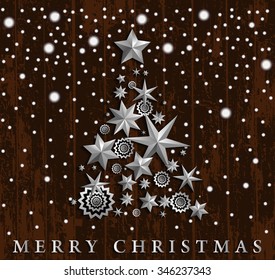Christmas and New Year abstract with Christmas Tree made of stars and snowflakes on realistic dark brown old painted wooden fence background. Vector illustration