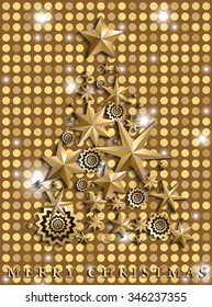 Christmas and New Year abstract with Christmas Tree made of stars and snowflakes on golden shining rounds background. Vector illustration