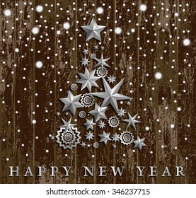Christmas and New Year abstract with Christmas Tree made of stars and snowflakes on realistic beige and brown old painted wooden fence background. Vector illustration