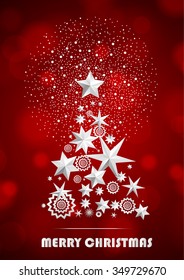 Christmas and New Year abstract with Christmas Tree made of stars and snowflakes with firework on red ambient blurred background. Vector illustration