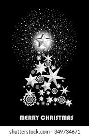 Christmas and New Year abstract with Christmas Tree made of stars and snowflakes with firework on black background. Vector illustration
