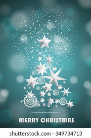 Christmas and New Year abstract with Christmas Tree made of stars and snowflakes with firework on cyan ambient blurred background. Vector illustration