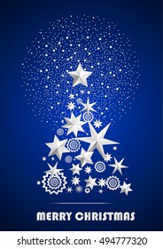 Christmas and New Year abstract with Christmas Tree made of stars and snowflakes with firework on dark blue ambient background. Vector illustration