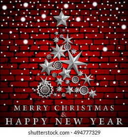 Christmas and New Year abstract with Christmas Tree made of stars and snowflakes on red realistic brick wall background. Vector illustration