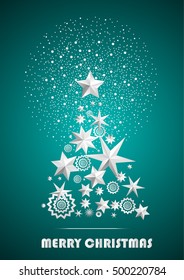Christmas and New Year abstract with Christmas Tree made of stars and snowflakes with firework on dark turquoise ambient background. Vector illustration