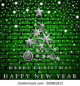Christmas and New Year abstract with Christmas Tree made of stars and snowflakes on green realistic brick wall background. Vector illustration