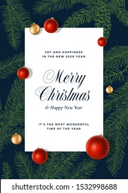 Christmas and New Year Abstract Vector Greeting Card, Poster or Holiday Background. Sketch Fir-needles with Strobile. Vibrant Colors Realistic Toy Balls and Classy Typography.