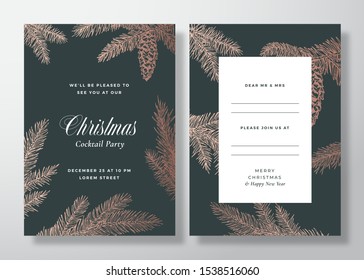 Christmas and New Year Abstract Vector Greeting Card, Poster or Background. Back and Front Design Layout with Classy Typography. Sketch Pine Branches, Strobile. Brass Gradient Invitation.