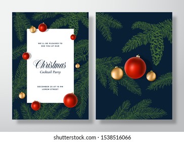 Christmas and New Year Abstract Vector Greeting Card, Poster or Background. Back and Front Design Layout with Classy Typography. Sketch Pine Branches. Colorful Realistic Toy Balls Invitation