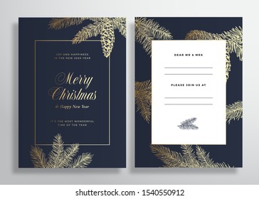 Christmas And New Year Abstract Vector Greeting Card, Poster Or Background. Back And Front Invitation Design Layout With Classy Typography. Sketch Pine Branches, Strobile. Golden Gradient Invitation.