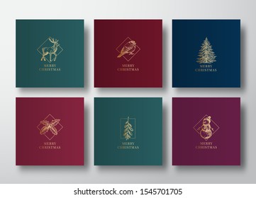 Christmas and New Year Abstract Vector Classy Frame Labels, Signs or Cards Templates Bundle. Hand Drawn Bullfinch Bird, Deer, Snowman, Pine and Mistletoe Sketches with Vintage Typography. Isolated.