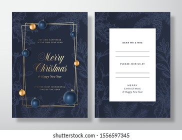 Christmas and New Year Abstract Vector Greeting Card, Poster or Background. Back and Front Invitation Layout with Toy Balls and Typography. Sketch Pine Twigs, Mistletoe. Golden Gradient Invitation.