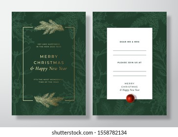 Christmas   New Year Abstract Vector Greeting Card  Poster Background  Back   Front Invitation Design Layout and Typography  Sketch Pine Twigs  Mistletoe  Golden Gradient Green Invitation 