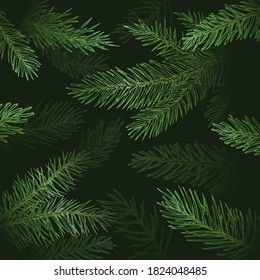 Christmas and New Year Abstract Vector Greeting Card or Poster Template Deep Shadow Background with Fir-needle Spruce or Pine Branches Illustrations. Holidays Wallpaper, Backdrop or Decoration Pattern