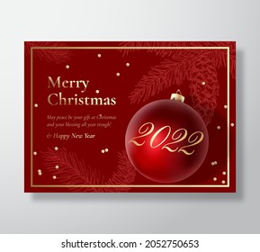 Christmas and New Year Abstract Vector Greeting Card, Poster or Background. Holiday Red Color and Golden Glitter Tinsel and Typography. Realistic Toy Ball with Soft Shadows Sketch Spruce and Strobile.