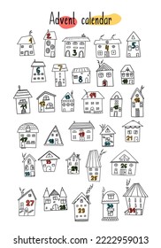 Christmas and New Year advent calendar. Vector illustrations of houses in deadl style.
