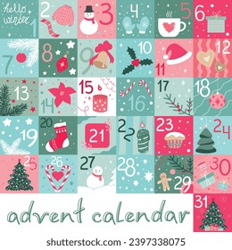 Christmas and New Year Advent Calendar for 31 days with cute decorations. Christmas tree, balls, presents, winter clothes and candles. Vector illustration