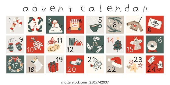 Navidades Calendario de Adviento de Año Nuevo. Cuenta atrás para Navidades con números. Etiquetas engomadas del invierno del doodle de la historieta, muñecos de nieve, árbol de Navidad, regalos. Calendario de invierno festivo en Vector