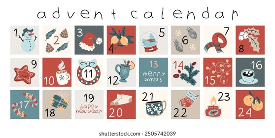 Christmas new year advent calendar. Countdown to Christmas with numbers. Cartoon doodle winter stickers, snowmen, Christmas tree, gifts. Festive winter calendar in vector