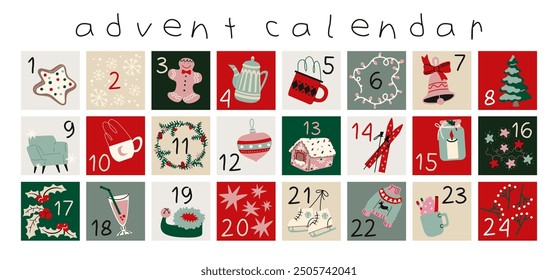Christmas new year advent calendar. Countdown to Christmas with numbers. Cartoon doodle winter stickers, snowmen, Christmas tree, gifts. Festive winter calendar in vector