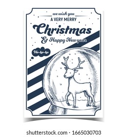 Christmas And New Year Advertise Banner Vector. Christmas Snow Globe With Deer Souvenir. Spherical Glass Xmas Present Sphere Template Designed In Vintage Style Monochrome Illustration