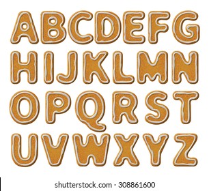 Christmas or New Year alphabet cookies set with glaze vector illustration. Isolated textured letters on white background.