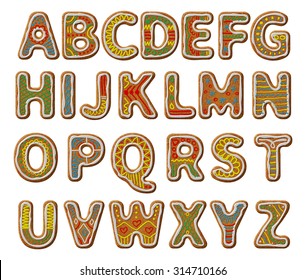 Christmas or New Year alphabet cookies set with glaze vector illustration. Isolated textured letters on white background.