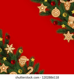 Christmas and New Year angular border with gingerbread and toys on red background. Winter holiday pattern for templates, greeting card, menu and invitations with text place.