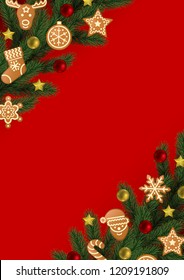 Christmas and New Year angular border with gingerbread and toys on red background. Winter holiday A4 pattern for templates, greeting card, menu and invitations with text place.