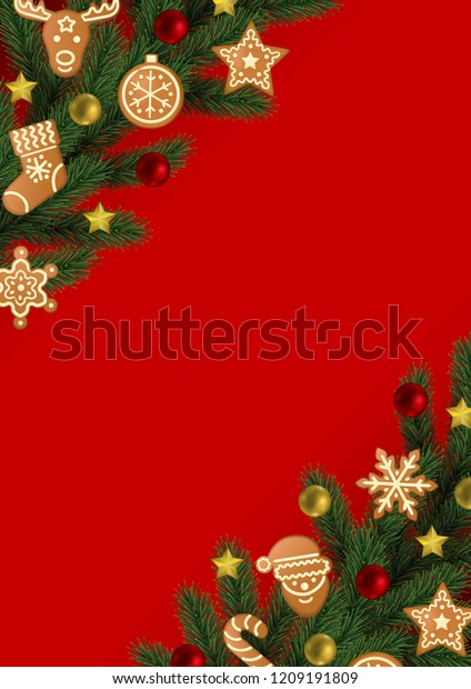 赤い背景にクリスマス と新年の角度境界とジンジャーブレッドとおもちゃ テンプレート グリーティングカード メニュー および招待状 テキストプレース付き 用の冬の休日a4 パターン のベクター画像素材 ロイヤリティフリー