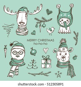 Christmas and New Year animals: Christmas elk , bird, bear, snowman and Christmas decorations. Hand drawn 