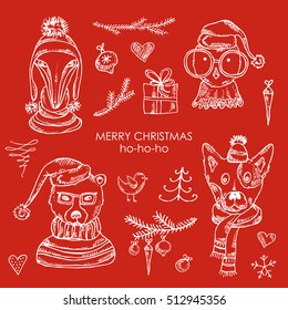 Christmas and New Year animals- elk, bird, bear, snowman and Christmas decorations. Hand drawn 