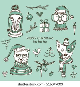 Christmas and New Year animals- elk, bird, bear, snowman and Christmas decorations. Hand drawn, 