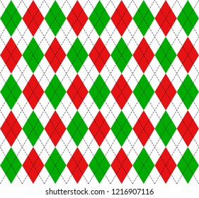 Christmas and new year Argyle plaid. Scottish pattern in red, white and green rhombuses. Scottish cage. Traditional Scottish background of diamonds . Seamless fabric texture. Vector illustration