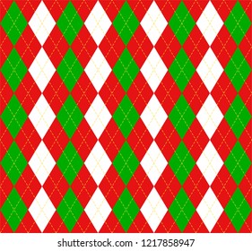 Christmas and new year Argyle plaid. Scottish pattern in red, white and green rhombuses. Scottish cage. Traditional Scottish background of diamonds . Seamless fabric texture. Vector illustration