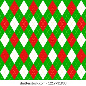 Christmas and new year Argyle plaid. Scottish pattern in white, red and green rhombuses. Scottish cage. Traditional Scottish background of diamonds. Seamless fabric texture. Vector illustration