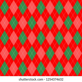 Christmas and new year Argyle plaid. Scottish pattern in green and red rhombuses. Scottish cage. Traditional Scottish background of diamonds. Seamless fabric texture. Vector illustration