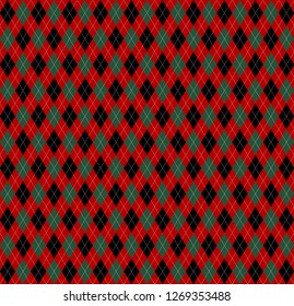 Christmas and new year Argyle plaid. Scottish pattern in black, green and red rhombuses. Scottish cage. Traditional Scottish background of diamonds. Seamless fabric texture. Vector illustration
