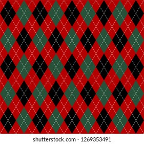 Christmas and new year Argyle plaid. Scottish pattern in black, green and red rhombuses. Scottish cage. Traditional Scottish background of diamonds. Seamless fabric texture. Vector illustration