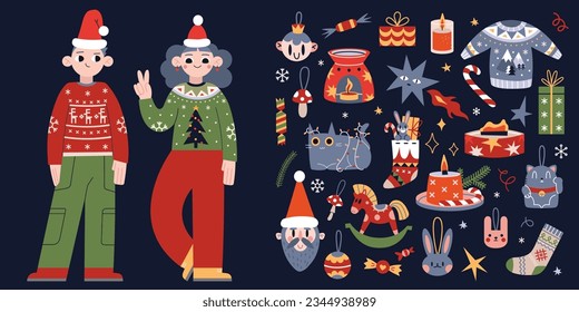 Christmas, New Year attributes and children in traditional Xmas clothes, cartoon style. Winter holidays symbols, ugly sweaters. Trendy modern vector illustration, hand drawn, flat