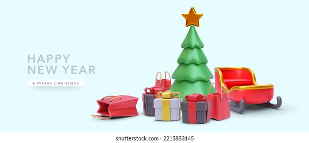 Christmas and New Year background with 3d realistic Christmas trees, gift, New Year's sleigh, shopping bag. Vector illustration