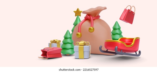 Christmas and New Year background with 3d realistic Christmas trees, gift, New Year's sleigh, shopping bag. Vector illustration